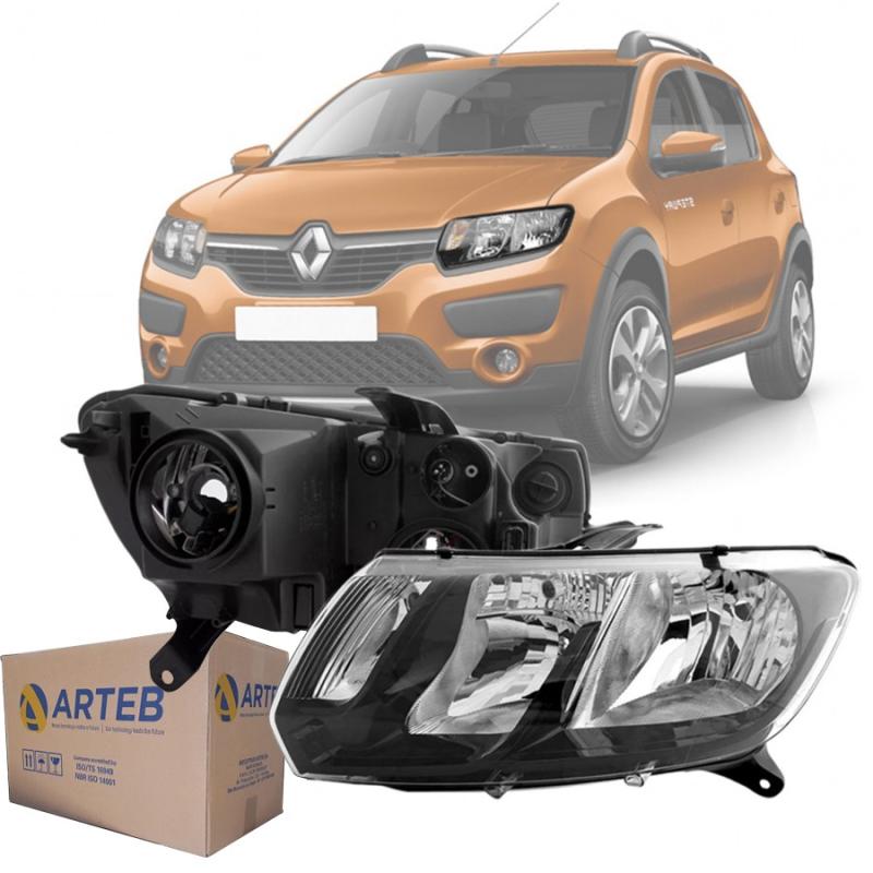 0160999 Farol Original Sandero Stepway 2015 A 2018 Lado Esquerdo Foco Duplo Mascara Negra