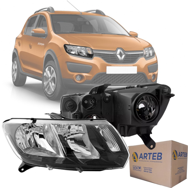 0161000 Farol Original Sandero Stepway 2015 A 2018 Lado Direito Foco Duplo Mascara Negra