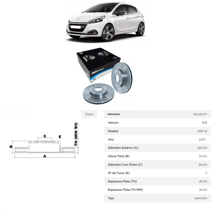 Disco Do Freio Dianteiro Peugeot 208 1.6 2013 A 2020 2008 1.6 2015 A 2022 Citroen C3 1.6 2.0 2014 A 2022
