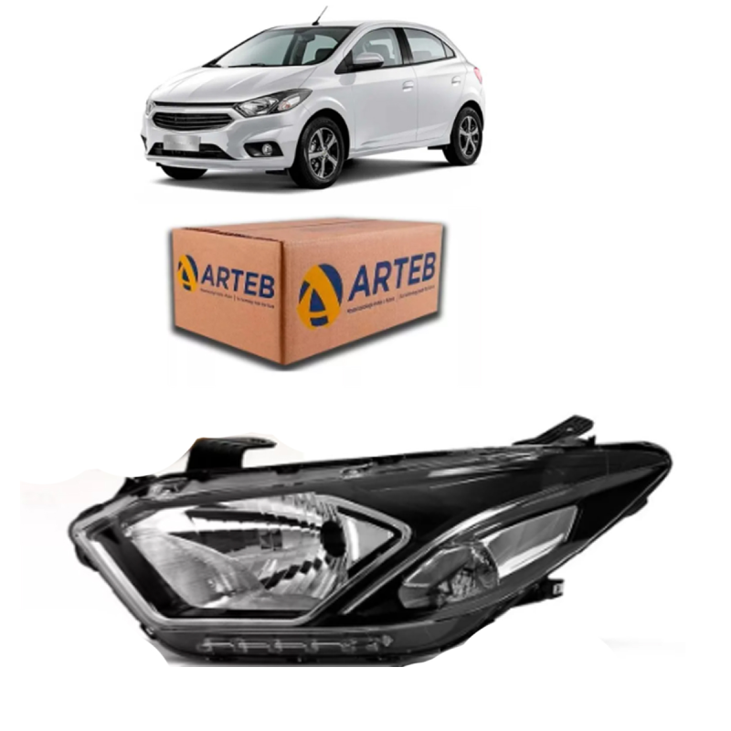 0160987 Farol Original Onix Prisma 2017 A 2019 Lado Esquerdo Mascara Negra Com Friso Cromado E Com Led