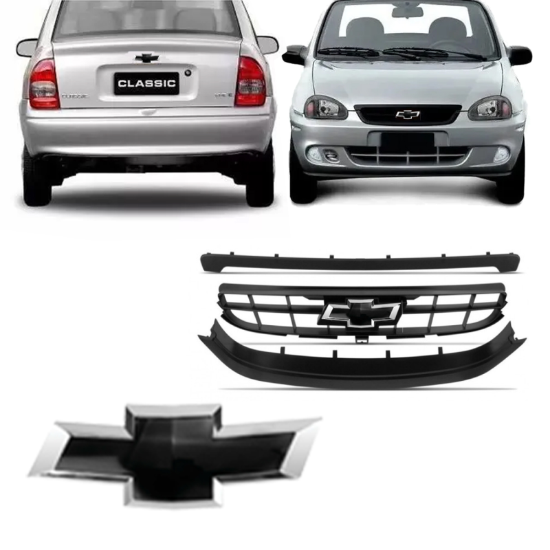 KIT GRADE COM EMBLEMA DIANTEIRO E TRASEIRO CORSA CLASSIC 2008 A 2010 PRETO BRILHANTE