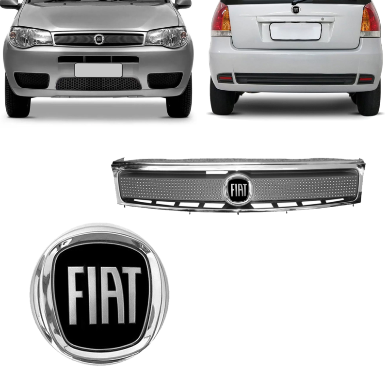 KIT GRADE CROMADA COM EMBLEMA DIANTEIRO E TRASEIRO PRETO PALIO CELEBRATION ECONOMY 2004 A 2016