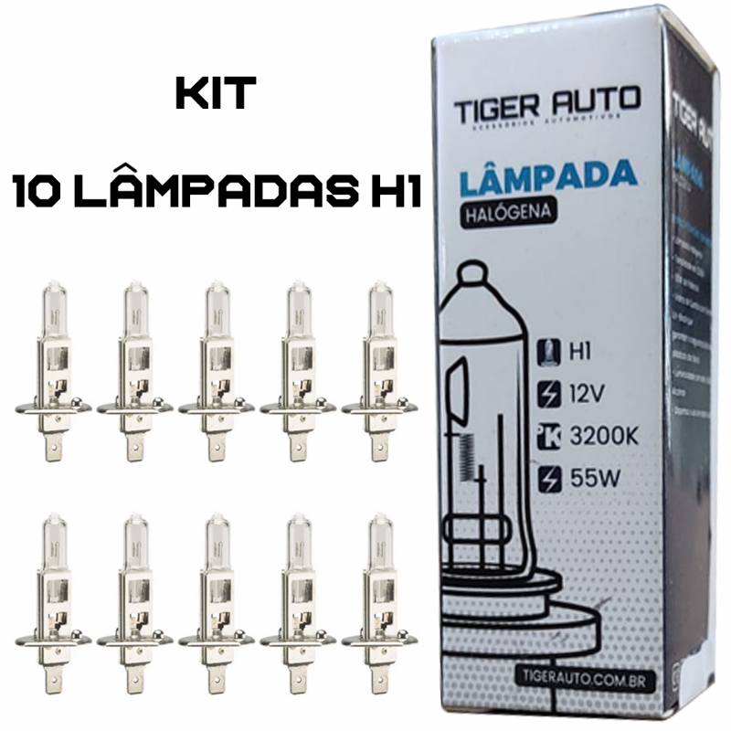 KIT 10 LÂMPADAS HALOGENA H1 55W 12V 3200K TIGER AUTO