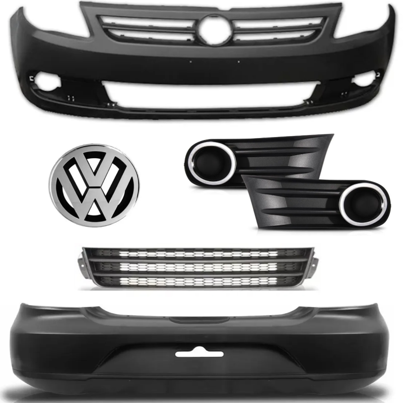 KIT PARACHOQUE DIANTEIRO TRASEIRO GOL G5 2009 A 2012 COM EMBLEMA E GRADES SEM FURO ARO CROMADO