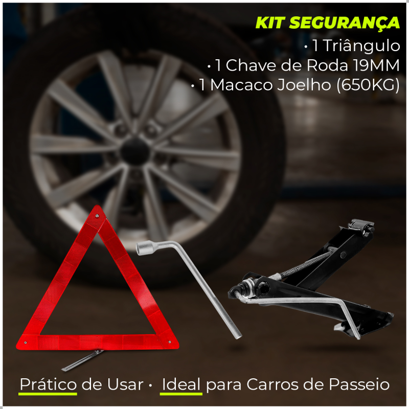 KIT SEGURANCA TRIANGULO MACACO JOELHO COM CHAVE DE RODA EM FORMATO L 19MM