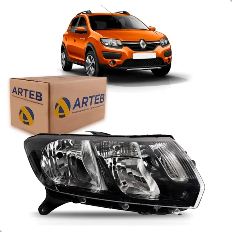 0161000 Farol Original Sandero Stepway 2015 A 2018 Lado Direito Foco Duplo Mascara Negra