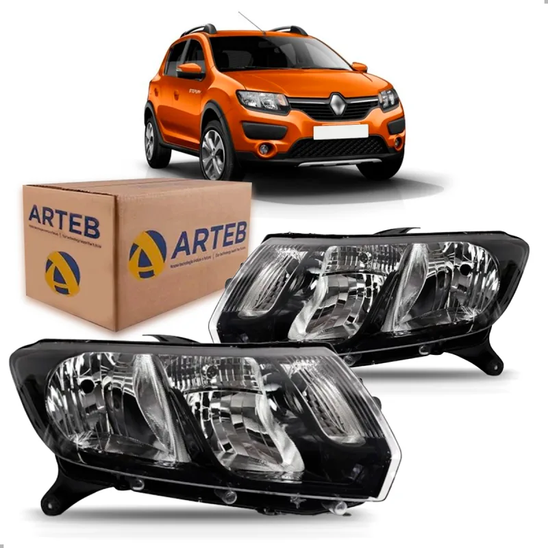 PAR FAROL SANDERO STEPWAY 2015 A 2018 FOCO DUPLO MASCARA NEGRA ORIGINAL ARTEB
